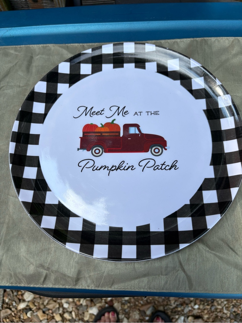 Hobby Lobby Black & White Buffalo Check Plate with Red Truck and Orange Pumpkins